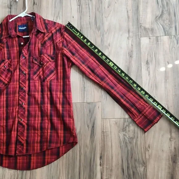 Wrangler Mens Plaid Button Up Shirt Red Black Long Sleeve Western MVG291R - Picture 6 of 7